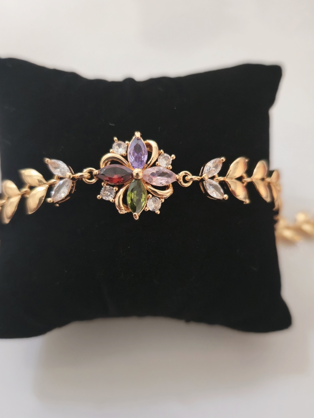 18K Gold-Plated Bracelet Cubic Zirconia‎ Tennis Floral Leaf Link Multicolor B008